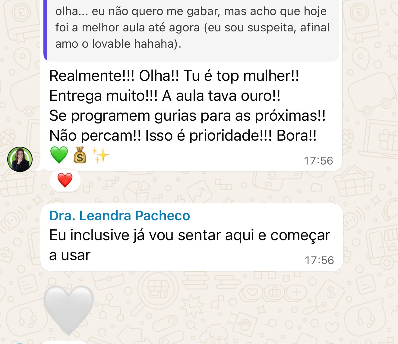 Depoimento de aluna — Dra. Leandra Pacheco recomendando a aula
